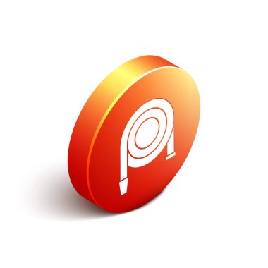 Beyaz arka planda izole edilmiş Isometric Yangın hortumu makarası ikonu. Turuncu daire düğmesi. Vektör İllüstrasyonu