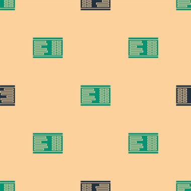 Yeşil ve siyah havaalanı ikonu bej arka planda izole edilmiş pürüzsüz desen. Mekanik skor tabelası. Havaalanındaki reklam panosundaki uçuş bilgileri. Vektör İllüstrasyonu