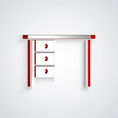 Kağıt kesiği ofis masası simgesi gri arkaplanda izole edildi. Kağıt sanatı tarzı. Vektör İllüstrasyonu