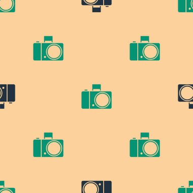 Yeşil ve siyah fotoğraf makinesi ikonu bej arkaplandaki kusursuz deseni izole etti. Fotoğraf makinesi simgesi. Vektör İllüstrasyonu