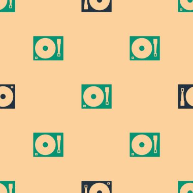 Plastik disk simgesine sahip yeşil ve siyah Vinil oynatıcı bej arkaplandaki dikişsiz deseni izole etti. Vektör İllüstrasyonu