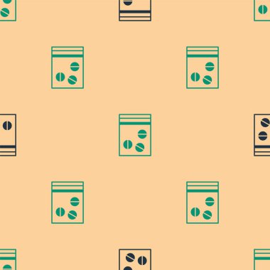 Yeşil ve siyah plastik torba dolusu uyuşturucu ikonu bej arka planda izole edilmiş kusursuz desen. Sağlık tehlikesi. Vektör İllüstrasyonu