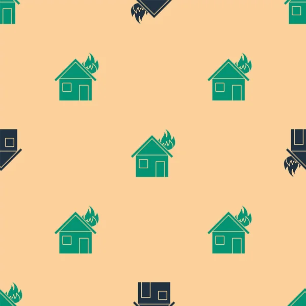 Πράσινο Και Μαύρο Φωτιά Στο Σπίτι Καύση Εικονίδιο Απομονωμένη Αδιάλειπτη — Διανυσματικό Αρχείο