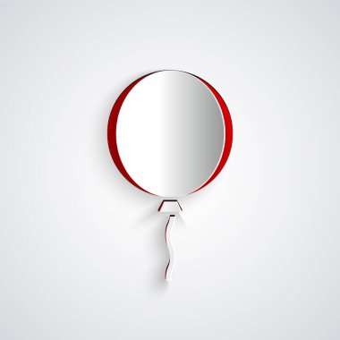 Kağıt, gri arkaplanda izole edilmiş kurdele simgesiyle Balon 'u kesti. Kağıt sanatı tarzı. Vektör İllüstrasyonu