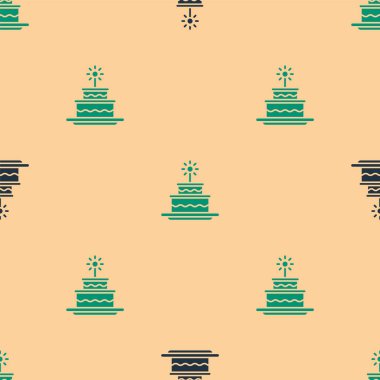 Yeşil ve siyah kek, yanan mum ikonu bej arka planda izole edilmiş, pürüzsüz desen. Doğum günün kutlu olsun. Vektör İllüstrasyonu