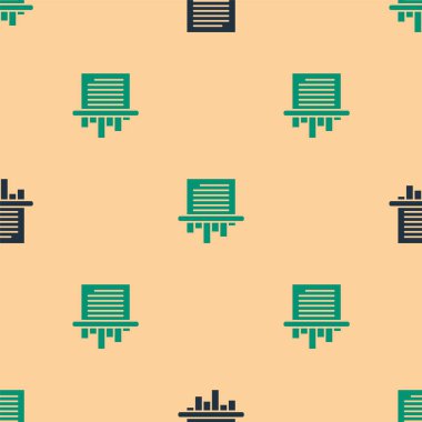 Yeşil ve siyah kağıt öğütücü gizli ve özel belge ofisi bilgi koruma ikonu bej arka planda izole edilmiş pürüzsüz desen. Vektör İllüstrasyonu