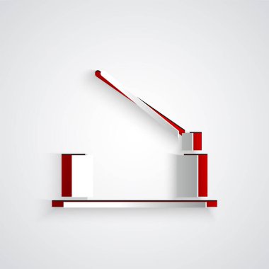 Kağıt kesiği araç bariyeri simgesi gri arka planda izole edilmiş. Sokak durağı sınırı. Kağıt sanatı tarzı. Vektör İllüstrasyonu