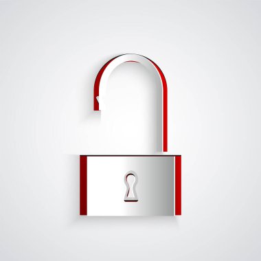 Kağıt kesiği Açık asma kilit simgesi gri arkaplanda izole edildi. Kilit açık işareti. Siber güvenlik kavramı. Dijital veri koruması. Kağıt sanatı tarzı. Vektör İllüstrasyonu