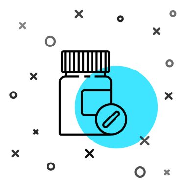 Siyah çizgi ilaç şişesi ve beyaz arka planda izole edilmiş hap ikonu. Şişe hapı işareti. Eczane tasarımı. Rastgele dinamik şekiller. Vektör İllüstrasyonu