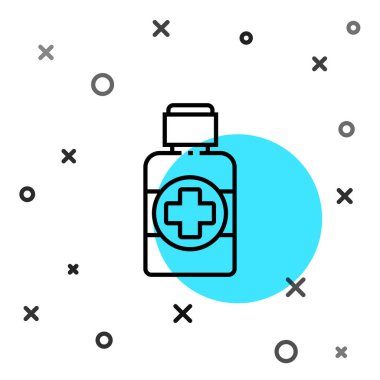 Siyah çizgi, beyaz arka planda izole edilmiş ilaç şurubu ikonu. Rastgele dinamik şekiller. Vektör İllüstrasyonu