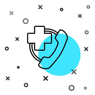 Siyah hat acil durum telefonu beyaz arka planda izole edilmiş bir hastane ikonu. Rastgele dinamik şekiller. Vektör İllüstrasyonu