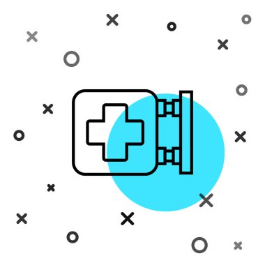 Siyah çizgi hastane tabela simgesi beyaz arka planda izole edildi. Rastgele dinamik şekiller. Vektör İllüstrasyonu