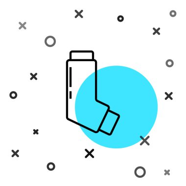 Beyaz arkaplanda siyah çizgi soluk alma simgesi izole edildi. Öksürük şurubu, solunum, alerjik hasta. Tıbbi alerji astım spreyi. Rastgele dinamik şekiller. Vektör İllüstrasyonu