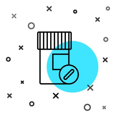 Siyah çizgi ilaç şişesi ve beyaz arka planda izole edilmiş hap ikonu. Şişe hapı işareti. Eczane tasarımı. Rastgele dinamik şekiller. Vektör İllüstrasyonu