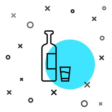 Siyah çizgili viski şişesi ve beyaz arka planda izole edilmiş cam ikon. Rastgele dinamik şekiller. Vektör İllüstrasyonu