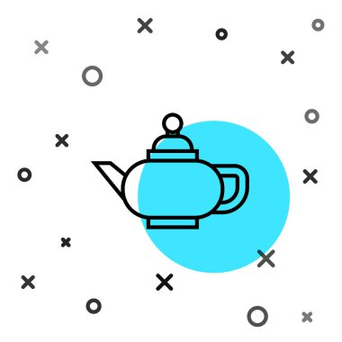 Siyah çizgi geleneksel Çin çay töreni ikonu beyaz arka planda izole edilmiş. Fincanlı çaydanlık. Rastgele dinamik şekiller. Vektör İllüstrasyonu