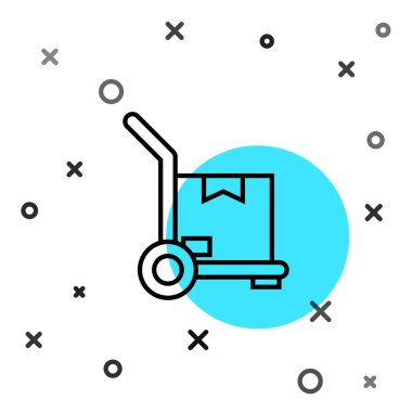 Siyah çizgili el arabası ve beyaz arka planda izole edilmiş kutular. Dolly sembolü. Rastgele dinamik şekiller. Vektör İllüstrasyonu