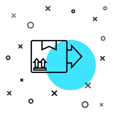 Beyaz zemin üzerinde trafik sembolü simgesi olan siyah çizgi karton kutu. Kutu, paket, paket. Teslimat, ulaşım ve nakliye. Rastgele dinamik şekiller. Vektör İllüstrasyonu