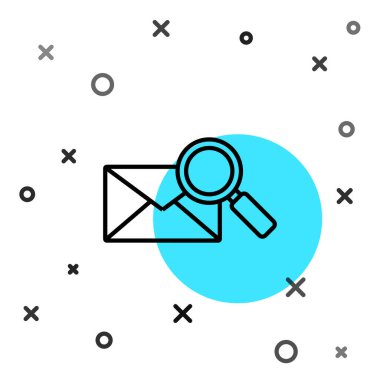 Beyaz arkaplanda izole edilmiş büyüteç simgesi içeren siyah çizgi zarflı posta. Rastgele dinamik şekiller. Vektör İllüstrasyonu