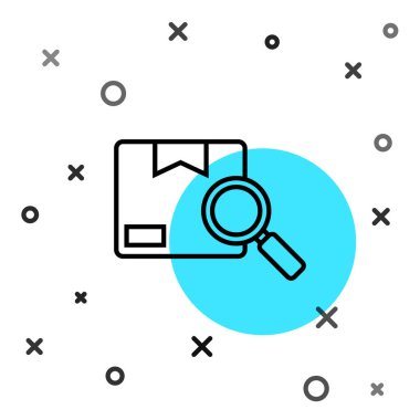 Siyah çizgi Arama paket simgesi beyaz arkaplanda izole edildi. Paket takibi. Büyüteç ve karton kutu. Lojistik ve teslimat. Rastgele dinamik şekiller. Vektör İllüstrasyonu