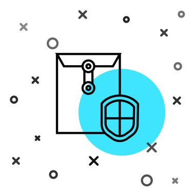 Beyaz zemin üzerinde kalkan simgesi olan siyah çizgi zarfı. Sigorta konsepti. Güvenlik, güvenlik, koruma, konsept koruma. Rastgele dinamik şekiller. Vektör İllüstrasyonu