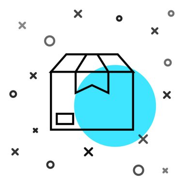 Siyah çizgi karton kutu simgesi beyaz arkaplanda izole edildi. Kutu, paket, paket işareti. Teslimat ve ambalaj. Rastgele dinamik şekiller. Vektör İllüstrasyonu