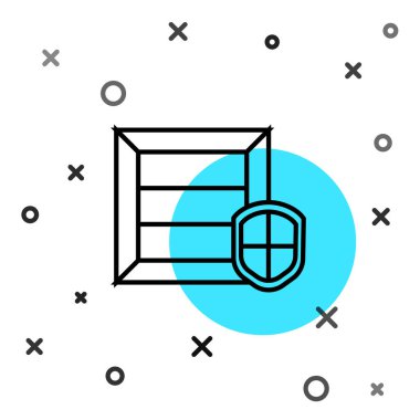 Beyaz zemin üzerinde kalkan simgesi olan siyah çizgi teslimat paketi güvenliği. Teslimat sigortası. Kalkanın ötesinde sigorta kutuları var. Rastgele dinamik şekiller. Vektör İllüstrasyonu