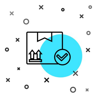 Beyaz arkaplanda işaretleme simgesi olan siyah çizgi paket kutusu. Paket kutusu. Onaylanmış teslimat veya başarılı paket makbuzu. Rastgele dinamik şekiller. Vektör İllüstrasyonu