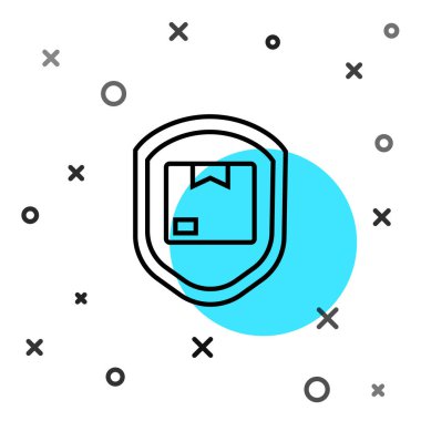 Beyaz zemin üzerinde kalkan simgesi olan siyah çizgi teslimat paketi güvenliği. Teslimat sigortası. Kalkanın ötesinde sigorta kutuları var. Rastgele dinamik şekiller. Vektör İllüstrasyonu