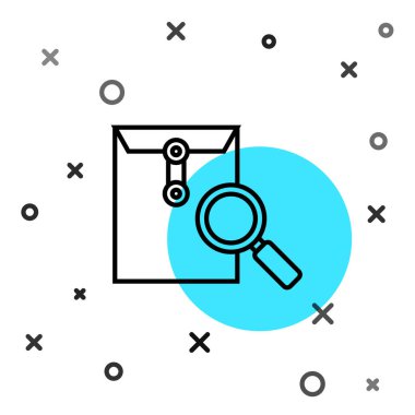 Beyaz arkaplanda izole edilmiş büyüteç simgesi içeren siyah çizgi zarflı posta. Rastgele dinamik şekiller. Vektör İllüstrasyonu