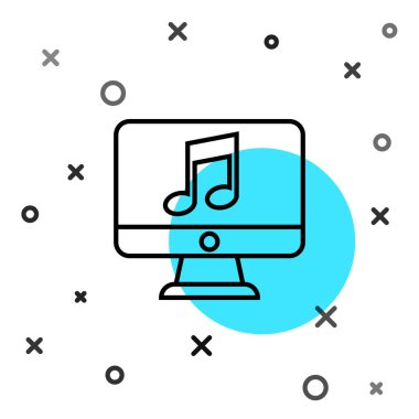 Ekran simgesinde nota sembolü olan siyah çizgi bilgisayarı beyaz arkaplanda izole edildi. Rastgele dinamik şekiller. Vektör İllüstrasyonu