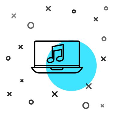 Beyaz zemin üzerinde müzik notası sembolü olan siyah çizgi dizüstü bilgisayar. Rastgele dinamik şekiller. Vektör İllüstrasyonu