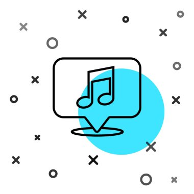 Beyaz arkaplanda izole edilmiş konuşma balonu simgesindeki siyah çizgi müzik notası. Müzik ve ses konsepti. Rastgele dinamik şekiller. Vektör İllüstrasyonu