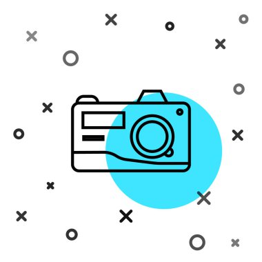 Siyah çizgi fotoğraf makinesi simgesi beyaz arkaplanda izole edildi. Fotoğraf makinesi simgesi. Rastgele dinamik şekiller. Vektör İllüstrasyonu