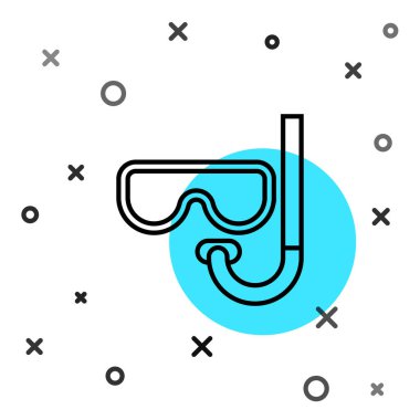 Beyaz arkaplanda siyah çizgi dalış maskesi ve şnorkel simgesi var. Olağanüstü bir spor. Su altı ekipmanları. Rastgele dinamik şekiller. Vektör İllüstrasyonu