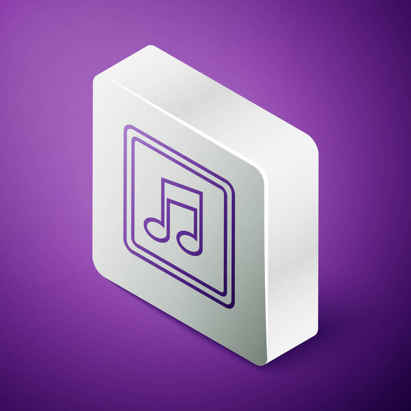 Isometric line Music note, tone icon isolated on purple background. Silver square button. Vector Illustration