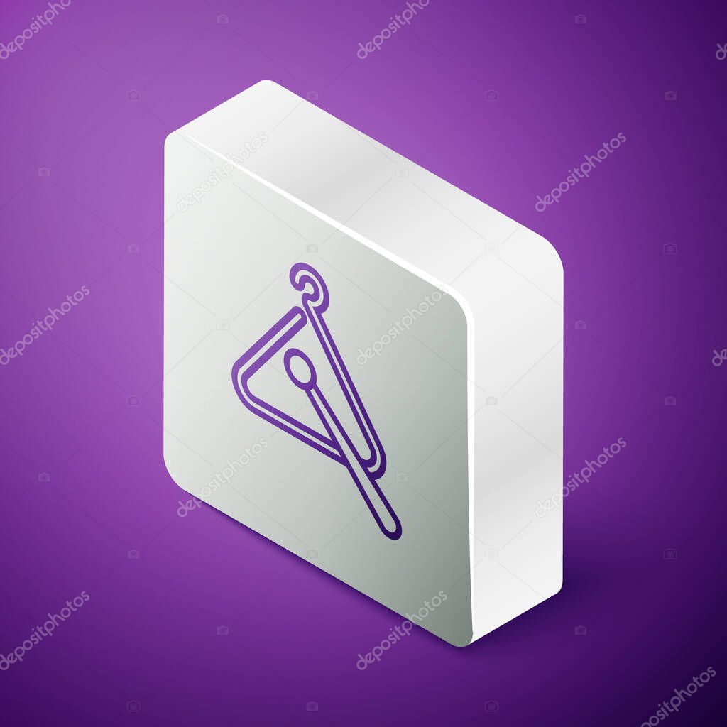 Isometric line Triangle musical instrument icon isolated on purple background. Silver square button. Vector Illustration