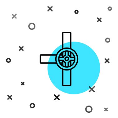 Siyah çizgi endüstrisi metalik borular ve beyaz arka planda izole edilmiş kapakçık simgesi. Rastgele dinamik şekiller. Vektör İllüstrasyonu