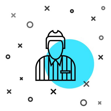 Siyah çizgi hokey yargıcı, hakem, beyaz arka planda izole edilmiş hakem ikonu. Rastgele dinamik şekiller. Vektör İllüstrasyonu