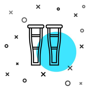 Siyah çizgi koltuk değneği ya da koltuk değneği simgesi beyaz arkaplanda izole edilmiş. Kas iskeleti hastalığı olan insanların rehabilitasyonu için gerekli ekipman. Rastgele dinamik şekiller. Vektör İllüstrasyonu