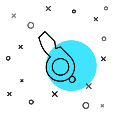 Beyaz arkaplanda siyah çizgi Whistle simgesi izole edildi. Hakem sembolü. Spor ve spor burcu. Rastgele dinamik şekiller. Vektör İllüstrasyonu