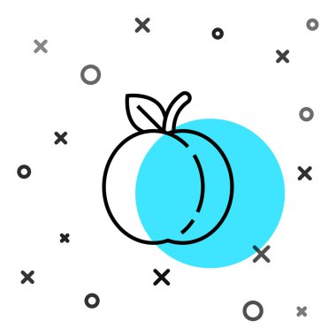 Siyah çizgi şeftali ya da nektarin, beyaz arkaplanda yaprak simgesi var. Rastgele dinamik şekiller. Vektör İllüstrasyonu