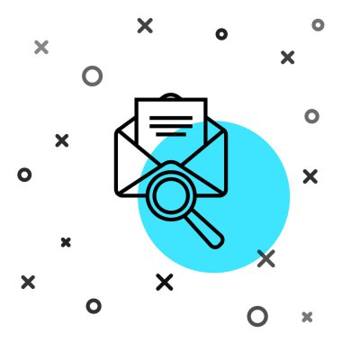 Beyaz arkaplanda izole edilmiş büyüteç simgesi içeren siyah çizgi zarflı posta. Rastgele dinamik şekiller. Vektör İllüstrasyonu