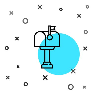 Beyaz arkaplanda siyah satır posta kutusu simgesi izole edildi. Posta kutusu simgesi. Posta kutusunda bayrak var. Rastgele dinamik şekiller. Vektör İllüstrasyonu