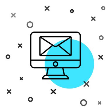 Siyah hat monitörü ve zarf, yeni mesaj, beyaz arkaplanda izole edilmiş posta simgesi. E-posta bültenleri, başlıklar, blog yazıları için kullanım. Rastgele dinamik şekiller. Vektör İllüstrasyonu