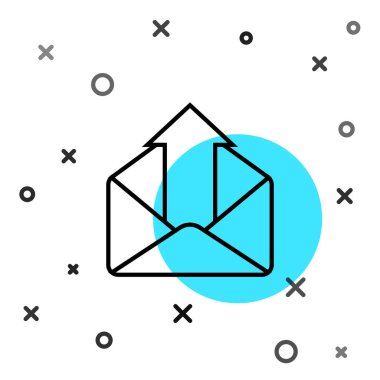 Siyah çizgi giden posta simgesi beyaz arkaplanda izole edildi. Zarf sembolü. Giden mesaj işareti. Posta yön bulma düğmesi. Rastgele dinamik şekiller. Vektör İllüstrasyonu