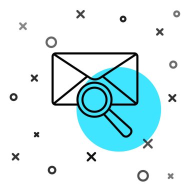 Beyaz arkaplanda izole edilmiş büyüteç simgesi içeren siyah çizgi zarflı posta. Rastgele dinamik şekiller. Vektör İllüstrasyonu