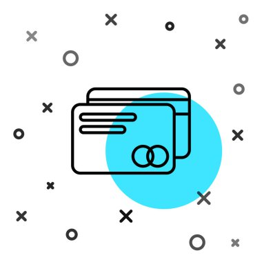 Siyah çizgi kredi kartı simgesi beyaz arkaplanda izole edildi. Çevrimiçi ödeme. Nakit çekilmesi. Finansal operasyonlar. Alışveriş tabelası. Rastgele dinamik şekiller. Vektör İllüstrasyonu