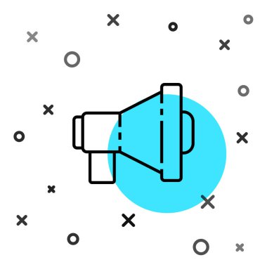 Siyah çizgi Megafon simgesi beyaz arkaplanda izole edildi. Yüksek sesle konuşma uyarısı. Ağızlık için megafon, terfi diye bağırıyor. Rastgele dinamik şekiller. Vektör İllüstrasyonu