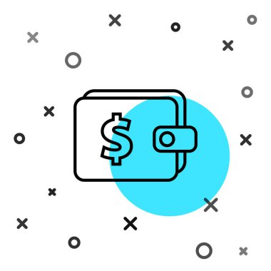 Beyaz zemin üzerinde dolar sembolü olan siyah çizgili cüzdan. Çanta ikonu. Nakit tasarruf sembolü. Rastgele dinamik şekiller. Vektör İllüstrasyonu